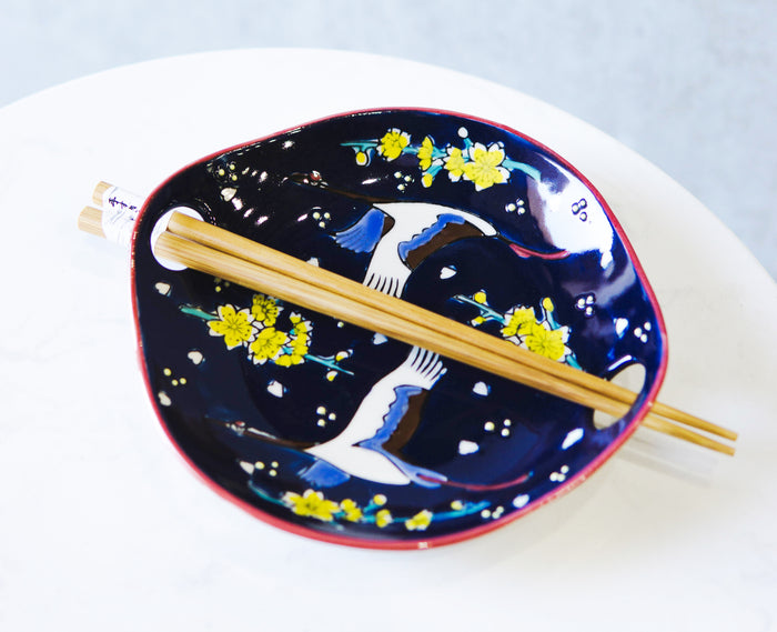 ebros gift White Crane In Blue Sky Small Appetizer Coupe Plate Flat Bowl W/ Chopsticks Set