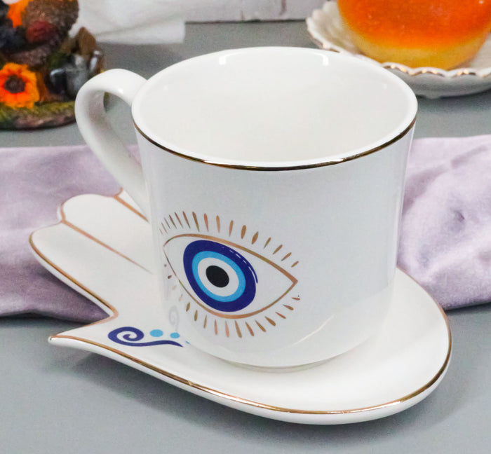 ebros gift White Evil Eye Of Providence Hamsa Palmistry Hand Palm Mug Cup With Saucer Set