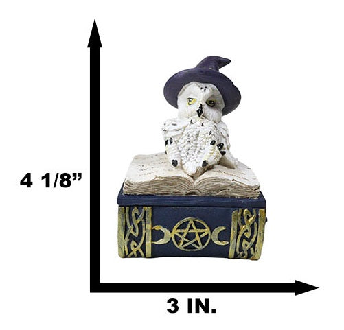 Ebros Gift White Snow Owl With Witch Hat Resting On Triple Moon Blue Spell Book Trinket Box