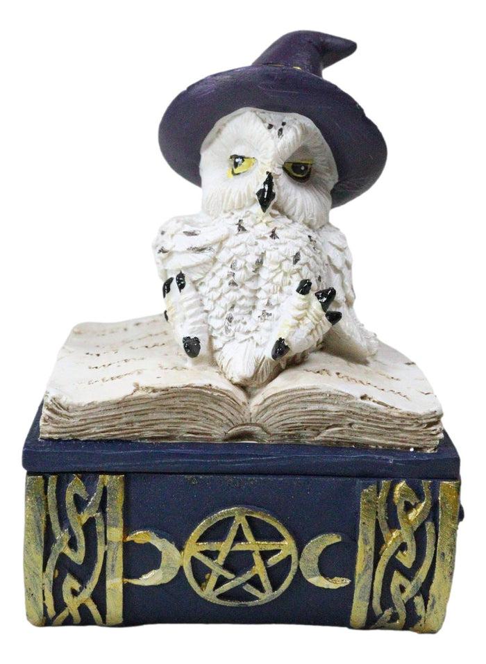 Ebros Gift White Snow Owl With Witch Hat Resting On Triple Moon Blue Spell Book Trinket Box