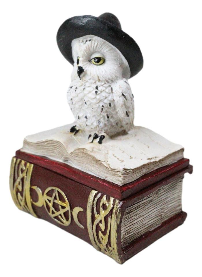 Ebros Gift White Snow Owl With Witch Hat Sitting On Triple Moon Spell Book Trinket Box