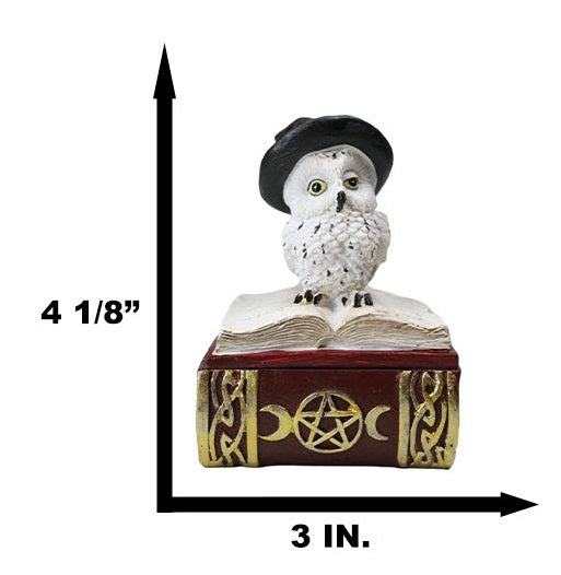 Ebros Gift White Snow Owl With Witch Hat Sitting On Triple Moon Spell Book Trinket Box