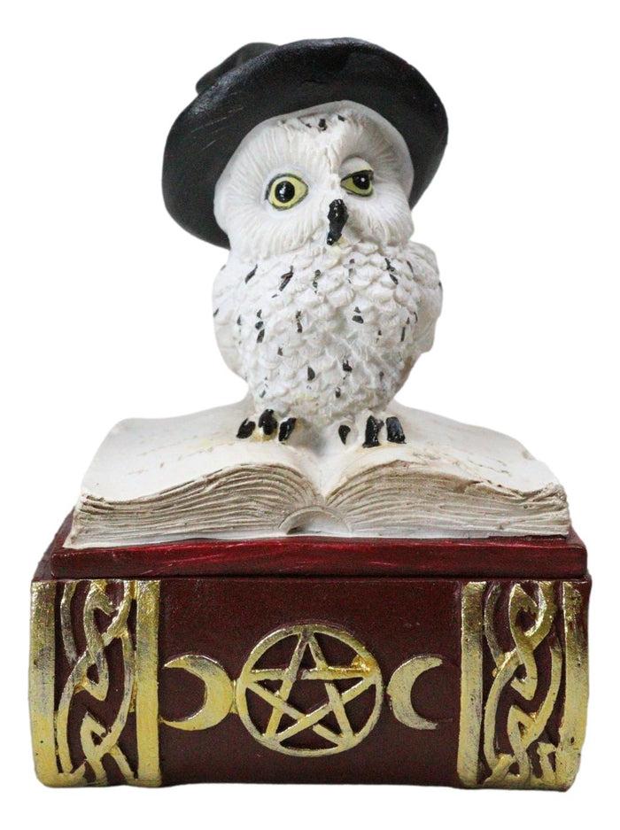 Ebros Gift White Snow Owl With Witch Hat Sitting On Triple Moon Spell Book Trinket Box