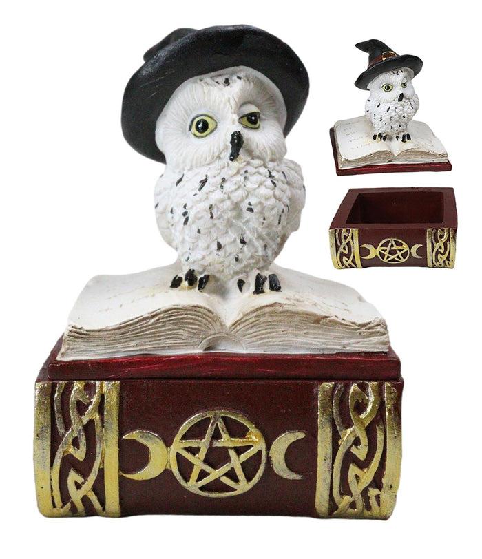 ebros gift White Snow Owl With Witch Hat Sitting On Triple Moon Spell Book Trinket Box