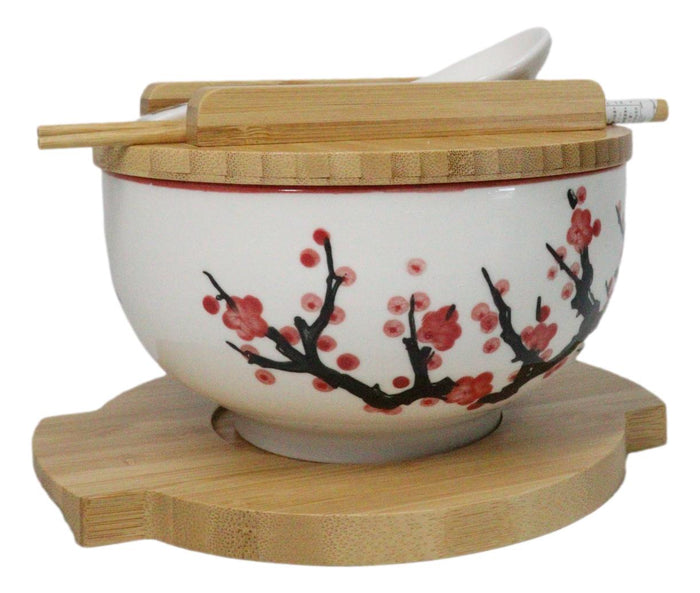 Ebros Gift White Ume Plum Blossoms Donburi Ramen Bowl With Lid Trivet Spoon Chopsticks Set