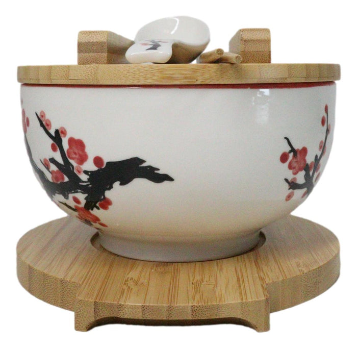 Ebros Gift White Ume Plum Blossoms Donburi Ramen Bowl With Lid Trivet Spoon Chopsticks Set