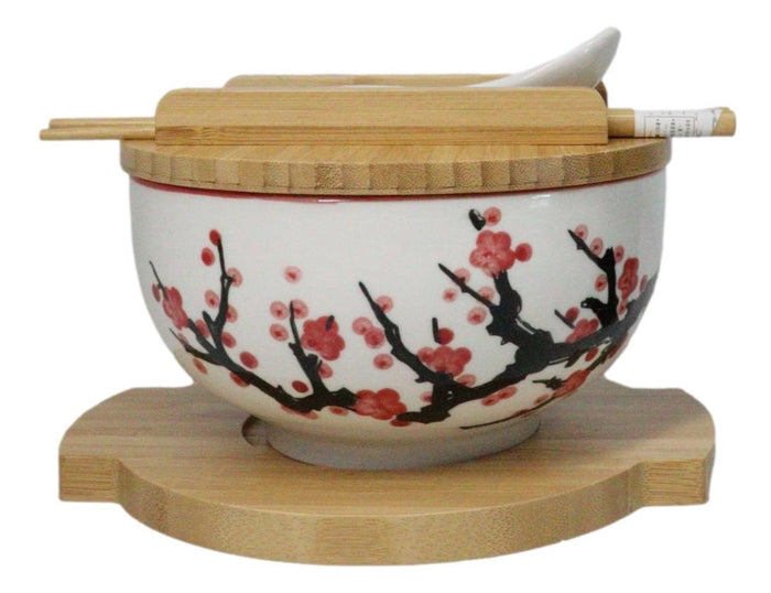 Ebros Gift White Ume Plum Blossoms Donburi Ramen Bowl With Lid Trivet Spoon Chopsticks Set