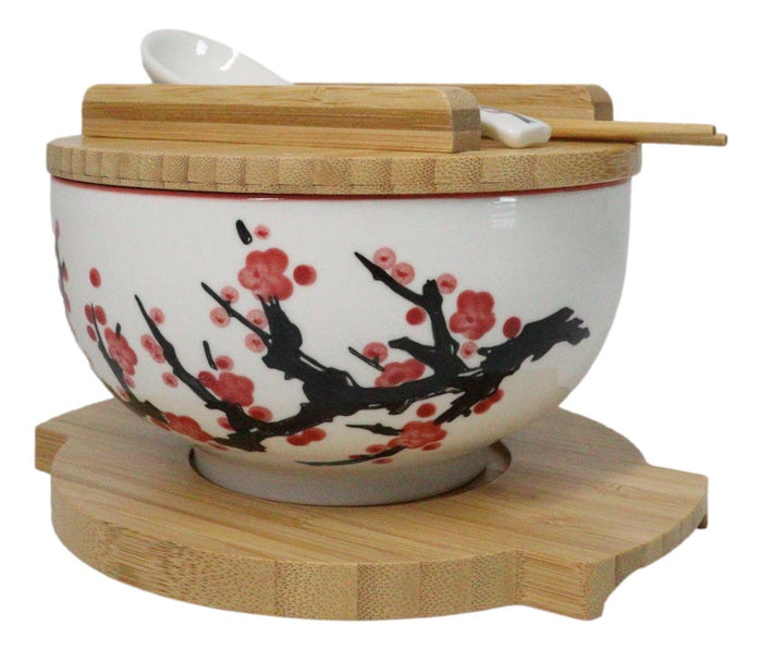 ebros gift White Ume Plum Blossoms Donburi Ramen Bowl With Lid Trivet Spoon Chopsticks Set