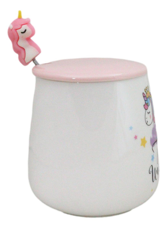 Ebros Gift White Whimsical Crowned Unicorn Rainbow Shooting Star Mug With Spoon And Lid