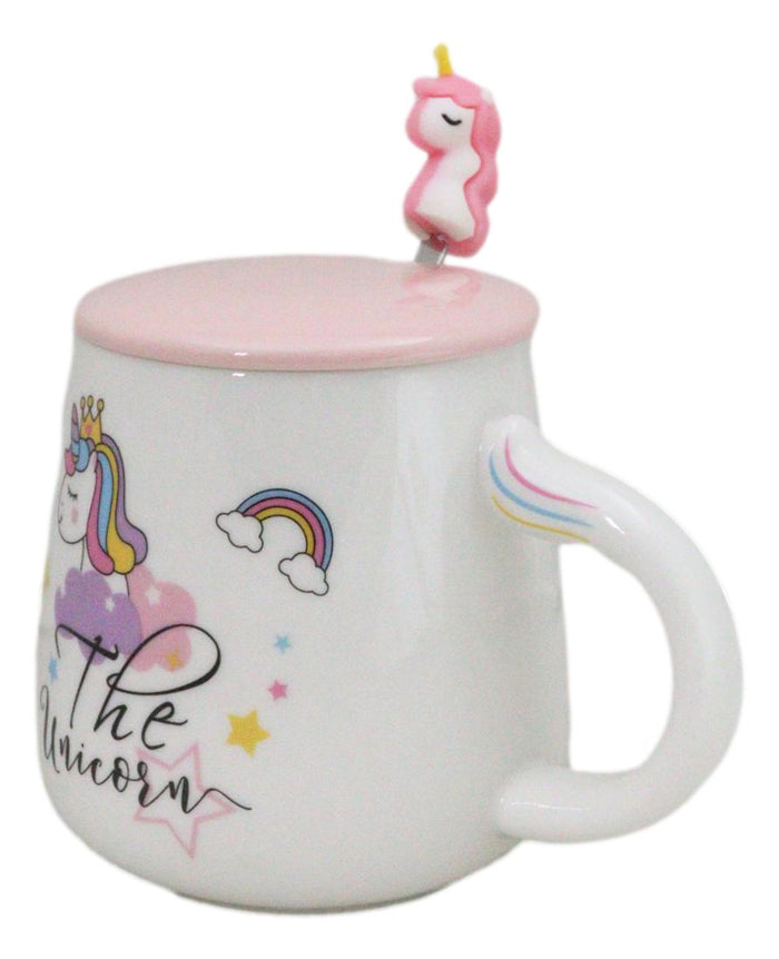 Ebros Gift White Whimsical Crowned Unicorn Rainbow Shooting Star Mug With Spoon And Lid