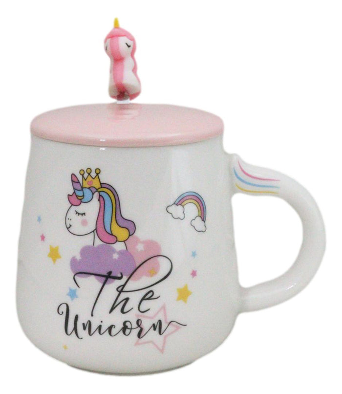 ebros gift White Whimsical Crowned Unicorn Rainbow Shooting Star Mug With Spoon And Lid