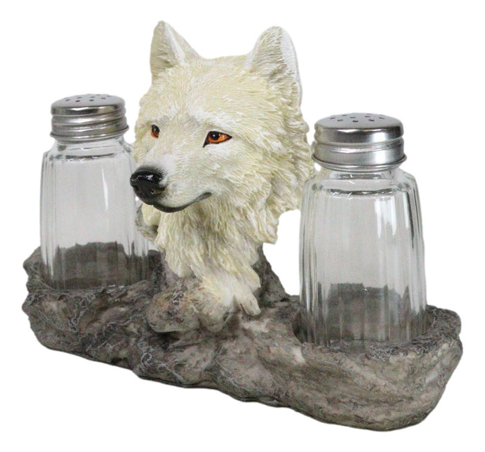 Ebros Gift White Wolf Head By Woodlands Forest Glass Salt & Pepper Shakers Holder Figurine