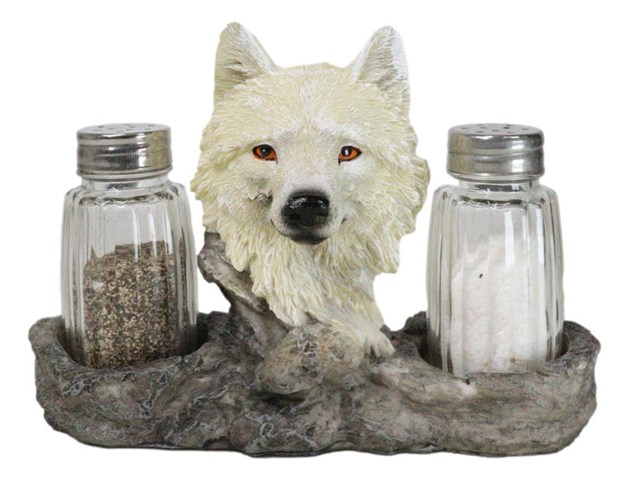 ebros gift White Wolf Head By Woodlands Forest Glass Salt & Pepper Shakers Holder Figurine