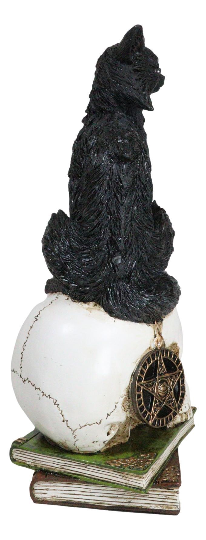 Ebros Gift Wicca Black Cat With LED Green Eyes On Skull With Pentagram Spell Books Figurine