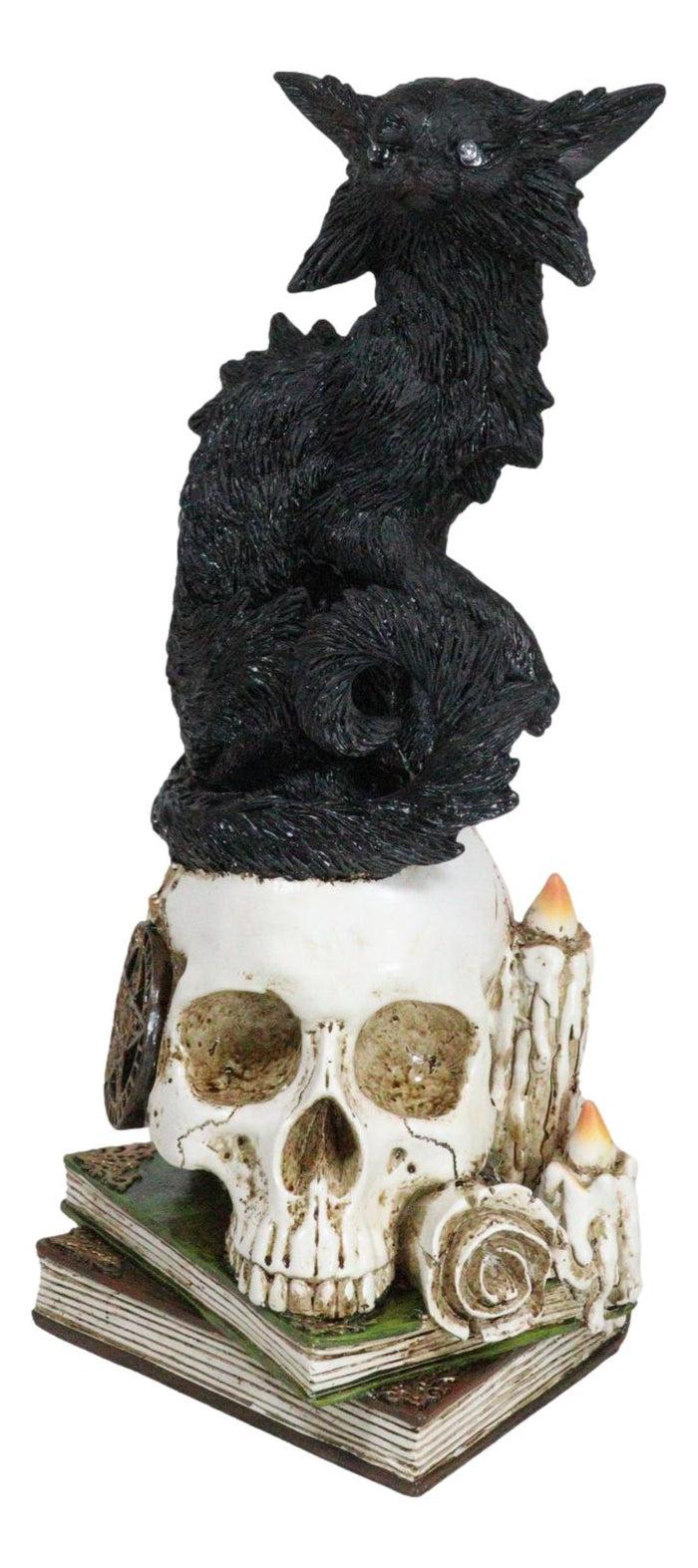 Ebros Gift Wicca Black Cat With LED Green Eyes On Skull With Pentagram Spell Books Figurine