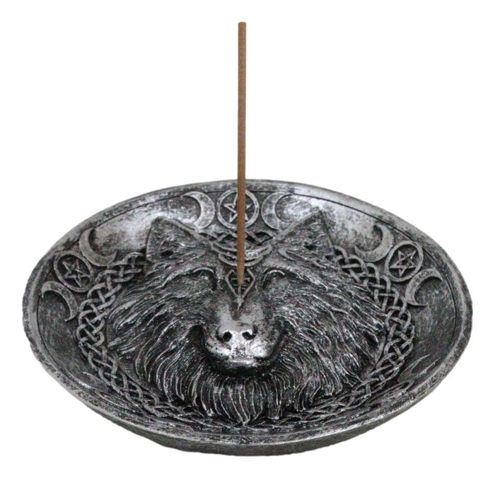 ebros gift Wicca Celtic Knotwork Triple Moon Pentagram Gray Wolf Round Incense Holder