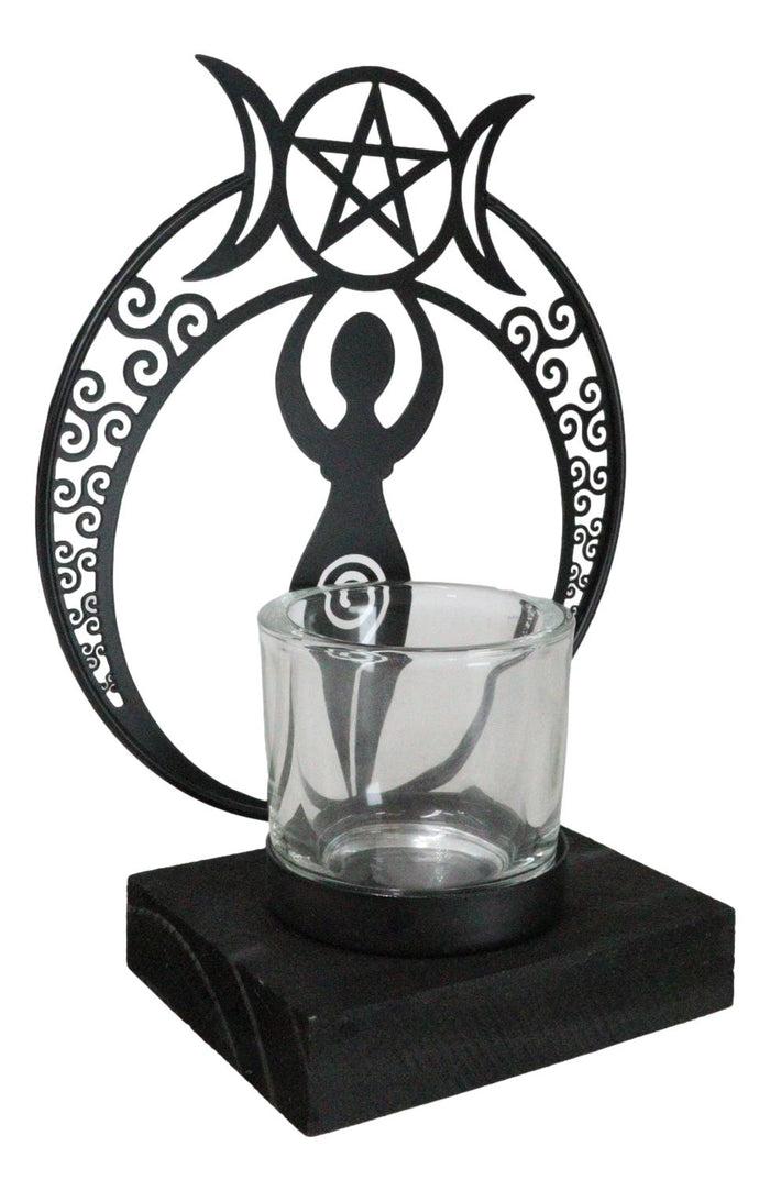 Ebros Gift Wicca Danu Spiral Goddess Triple Moon Metal Votive Tea Light Candle Holder