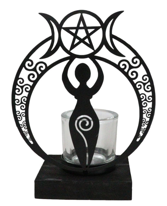 Ebros Gift Wicca Danu Spiral Goddess Triple Moon Metal Votive Tea Light Candle Holder