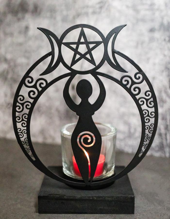 ebros gift Wicca Danu Spiral Goddess Triple Moon Metal Votive Tea Light Candle Holder