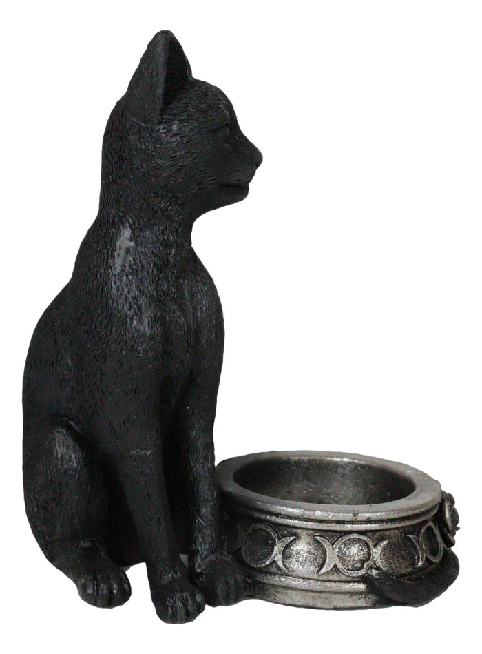 Ebros Gift Wicca Gothic Black Cat With Triple Moon Rose Tea Light Votive Candle Holder
