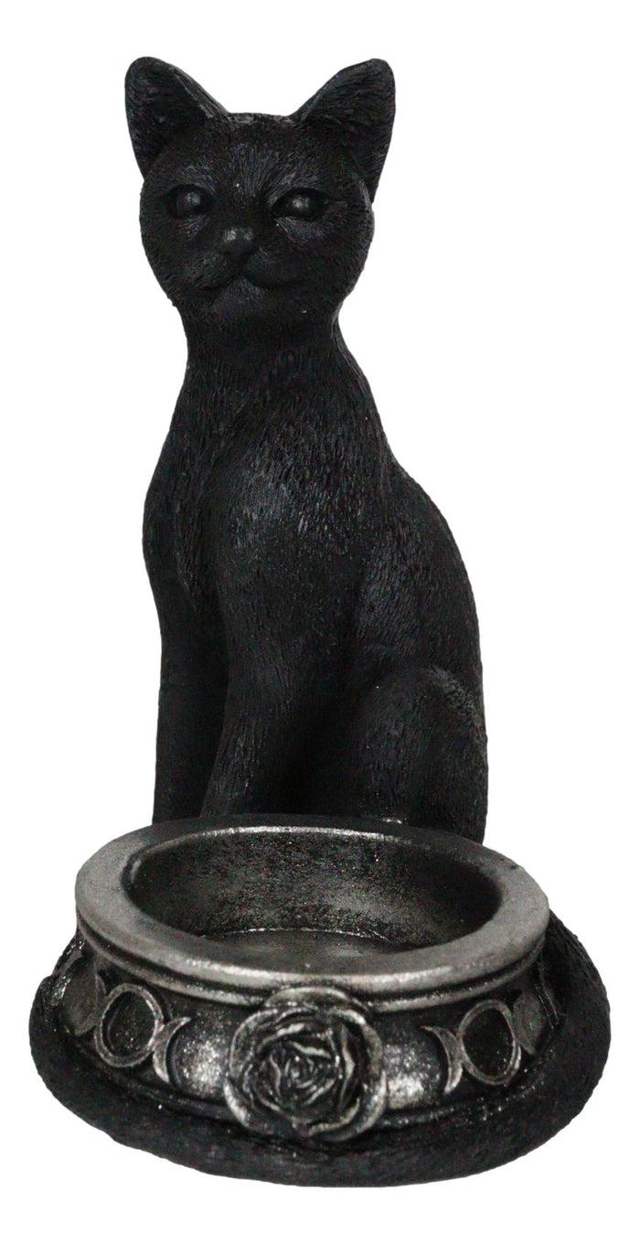 Ebros Gift Wicca Gothic Black Cat With Triple Moon Rose Tea Light Votive Candle Holder