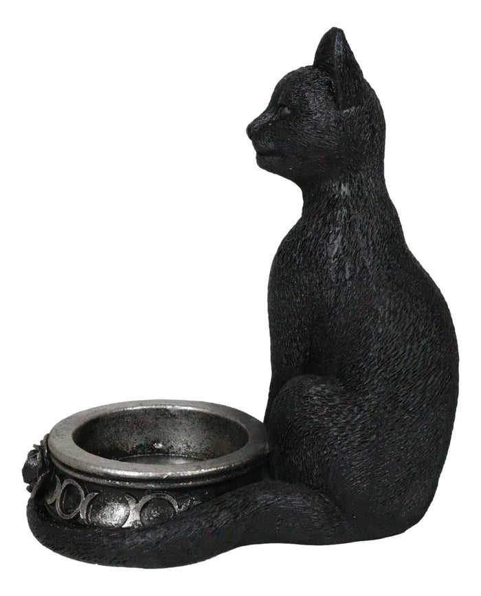 Ebros Gift Wicca Gothic Black Cat With Triple Moon Rose Tea Light Votive Candle Holder