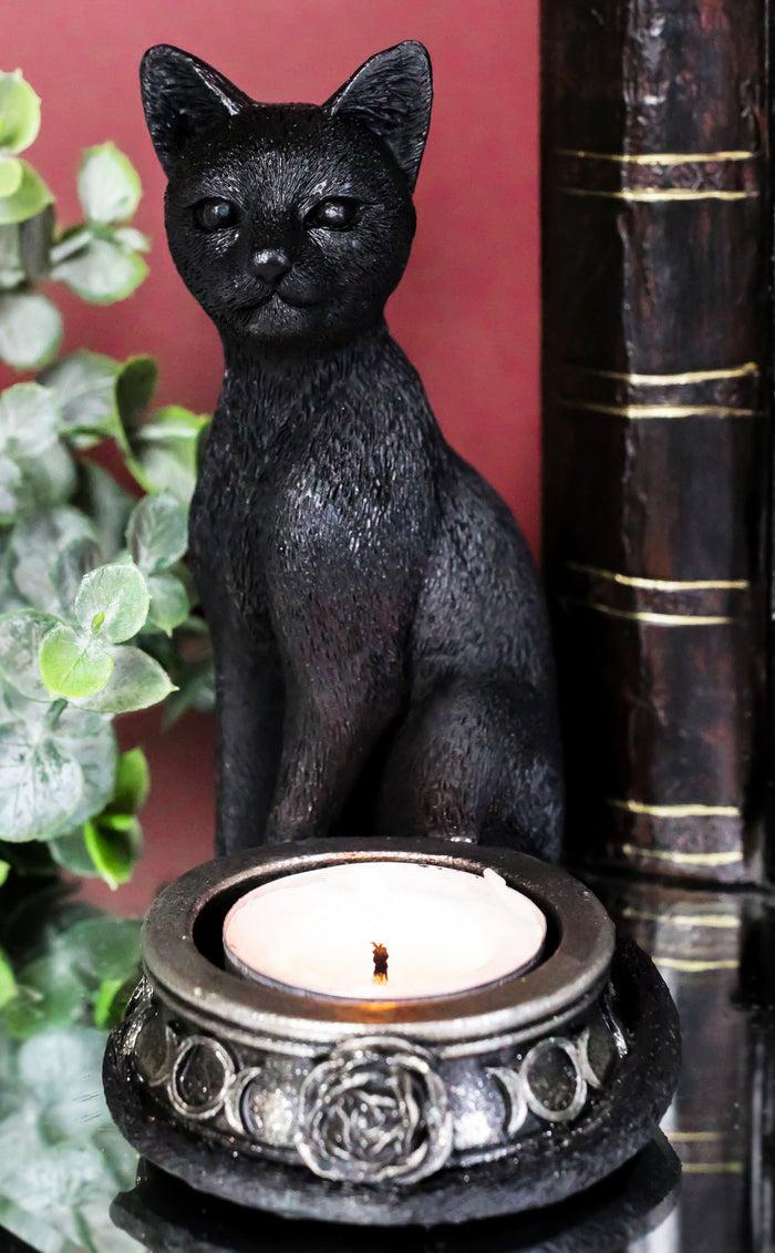 ebros gift Wicca Gothic Black Cat With Triple Moon Rose Tea Light Votive Candle Holder