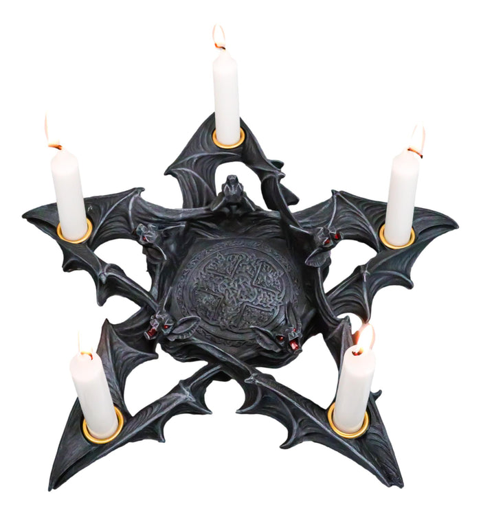 ebros gift Wicca Gothic Nosferatu Pentagram Star Bats Taper Chime Candles Holder Figurine