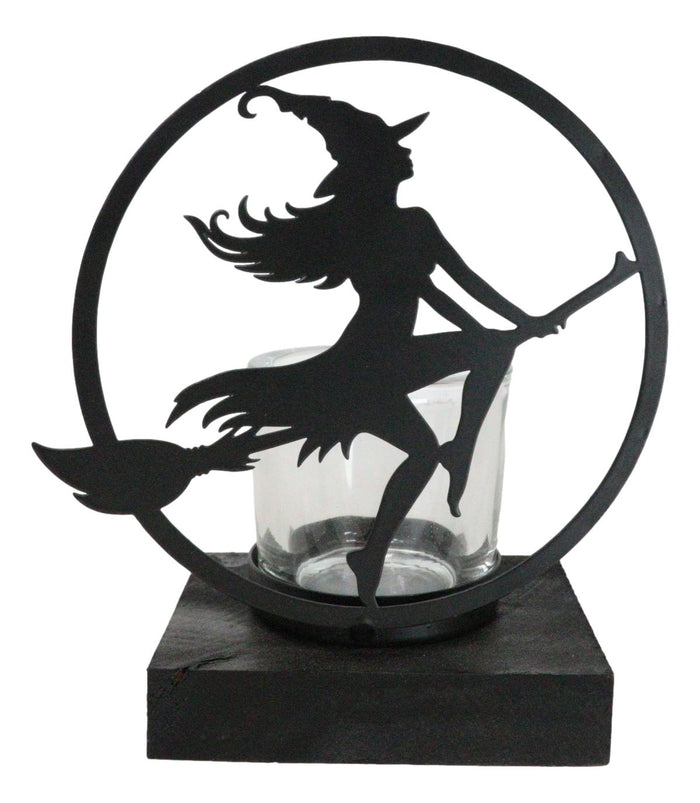 Ebros Gift Wicca Grand High Witch Riding On Broomstick Coated Metal Votive Candle Holder