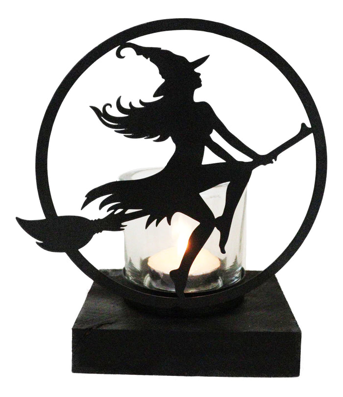 ebros gift Wicca Grand High Witch Riding On Broomstick Coated Metal Votive Candle Holder