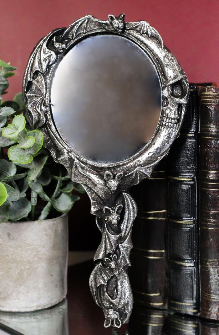 ebros gift Wicca Macabre Gothic Vampire Bats Crescent Moon Crater Skull Hand Mirror Decor