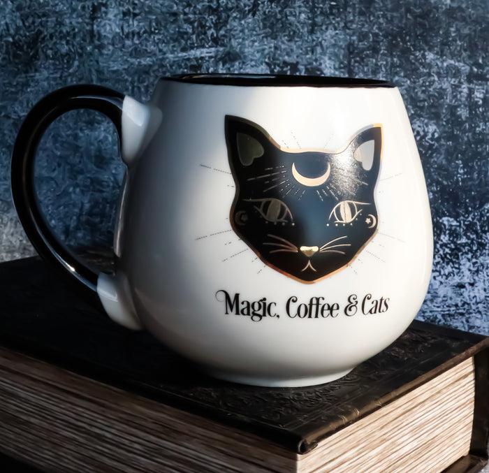ebros gift Wicca Magic Coffee Cats Feline Crescent Moon Cat With Gold Tone Ceramic Mug
