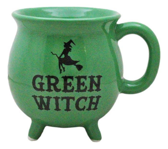 ebros gift Wicca Magic Green Witch Flying Broomstick Cauldron Ceramic Mug With Handle 16oz