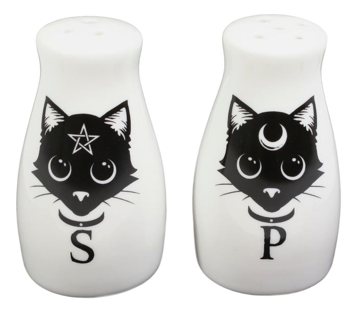 Ebros Gift Wicca Magic Sacred Cats Pentacle Crescent Moon Ceramic Salt N Pepper Shakers Set
