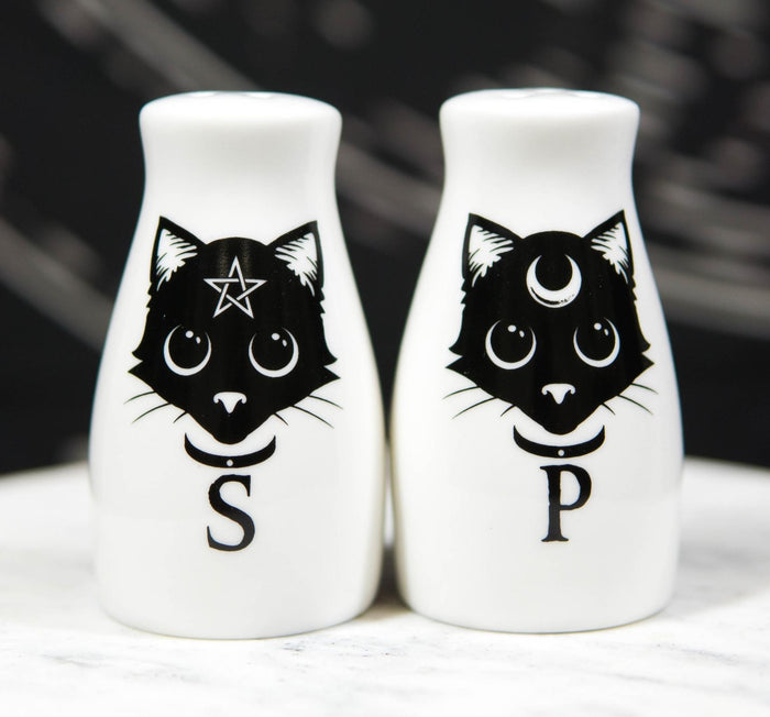 ebros gift Wicca Magic Sacred Cats Pentacle Crescent Moon Ceramic Salt n Pepper Shakers Set