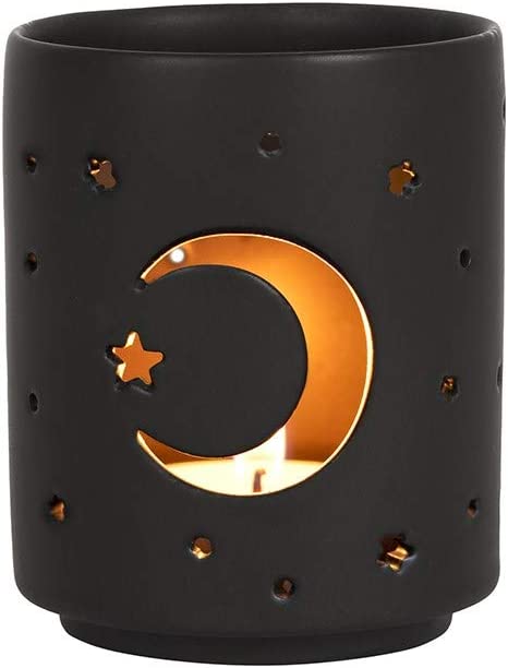 Ebros Gift Wicca Mystical Moon And Stars Cutout Ceramic Black T-Light Votive Candle Holder