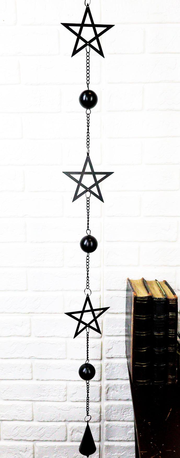 ebros gift Wicca Occult Pentagram Pentacle Stars Black Coated Steel Metal Wind Chime Mobile