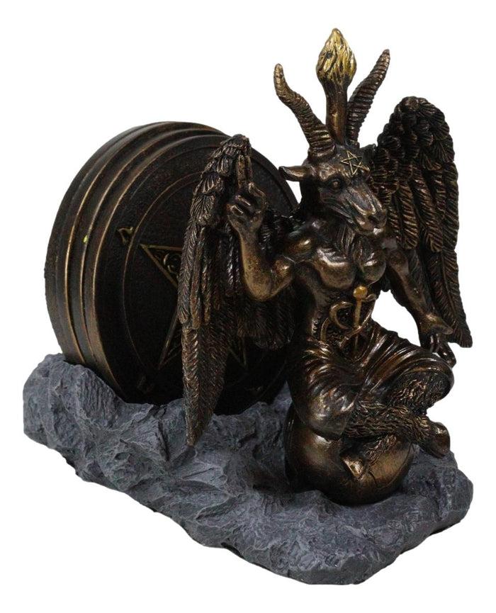 Ebros Gift Wicca Occult Sabbatic Goat Baphomet Sitting On Globe Round Coaster Figurine Set