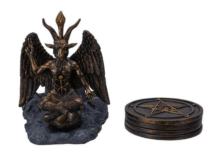 ebros gift Wicca Occult Sabbatic Goat Baphomet Sitting On Globe Round Coaster Figurine Set