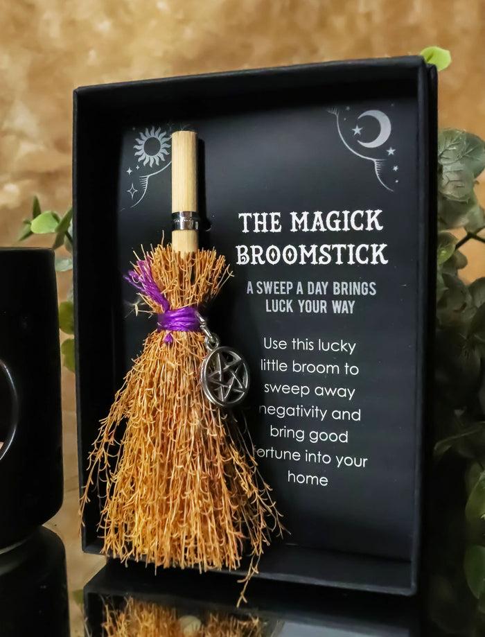 ebros gift Wicca Occult Witch Broom Magick Broomstick With Pentagram Pendant Lucky Charm