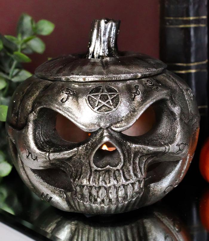 ebros gift Wicca Pentagram Alchemical Symbols Pumpkin Skull Cauldron Pot Decorative Box