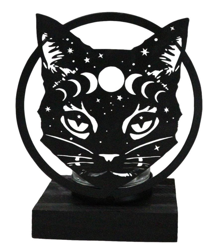 Ebros Gift Wicca Phases Of The Moon Celestial Black Cat Metal Votive T-Lite Candle Holder