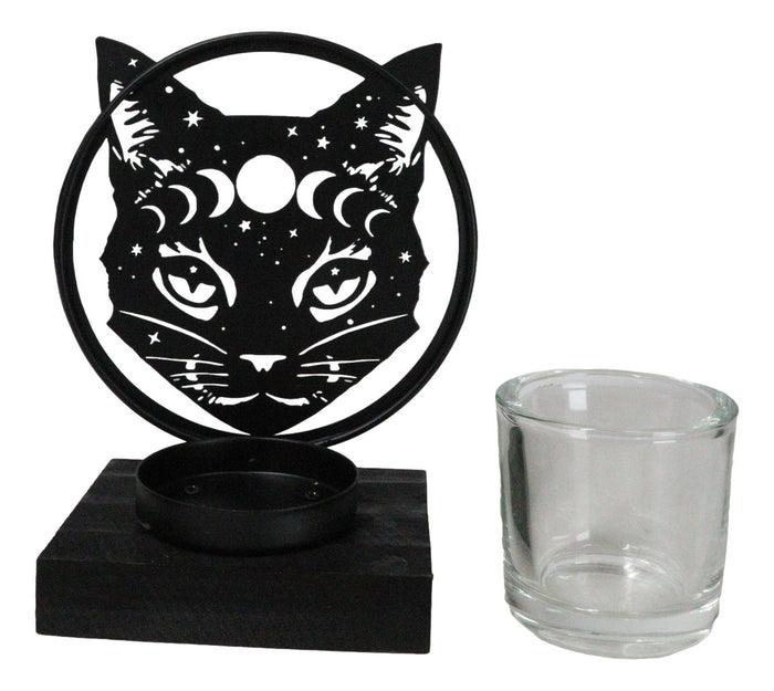 Ebros Gift Wicca Phases Of The Moon Celestial Black Cat Metal Votive T-Lite Candle Holder