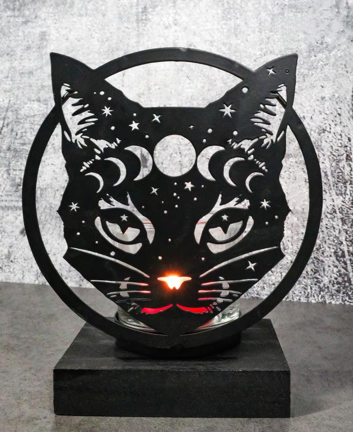 ebros gift Wicca Phases of The Moon Celestial Black Cat Metal Votive T-Lite Candle Holder