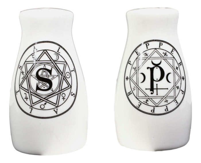 Ebros Gift Wicca Sacred Geometry Pentacles Crescent Moons Ceramic Salt N Pepper Shakers Set