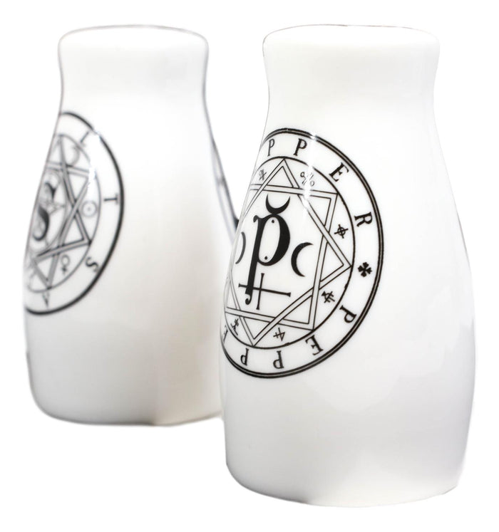 Ebros Gift Wicca Sacred Geometry Pentacles Crescent Moons Ceramic Salt N Pepper Shakers Set