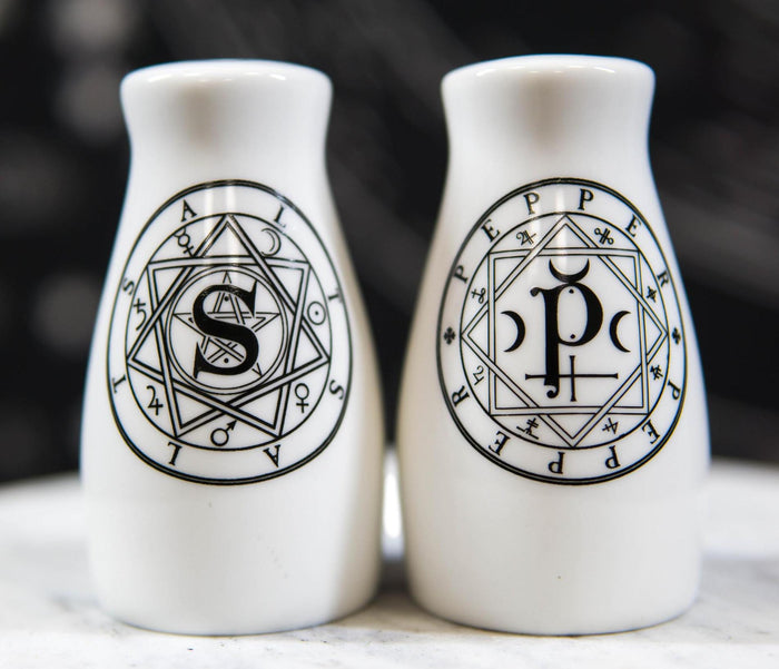 Ebros Gift Wicca Sacred Geometry Pentacles Crescent Moons Ceramic Salt N Pepper Shakers Set
