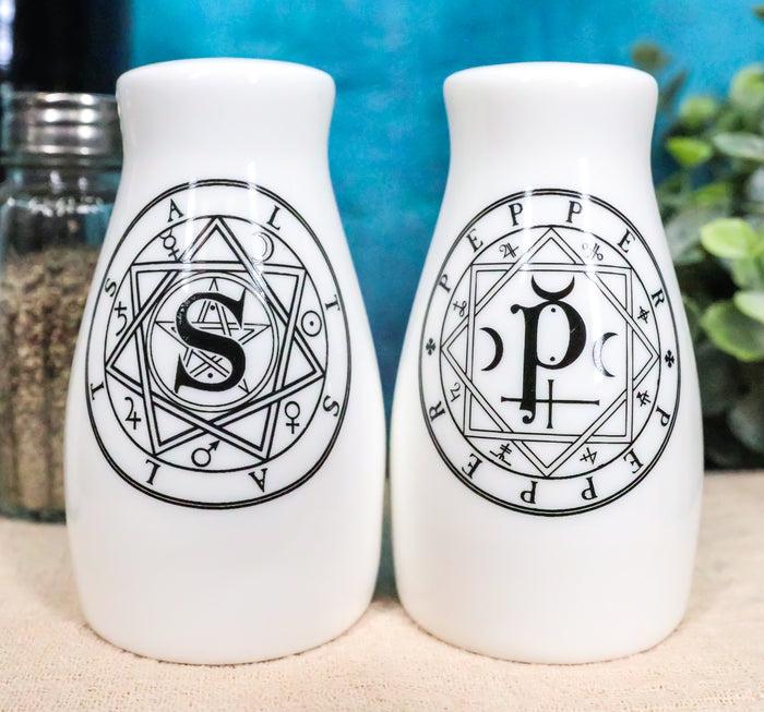 ebros gift Wicca Sacred Geometry Pentacles Crescent Moons Ceramic Salt n Pepper Shakers Set