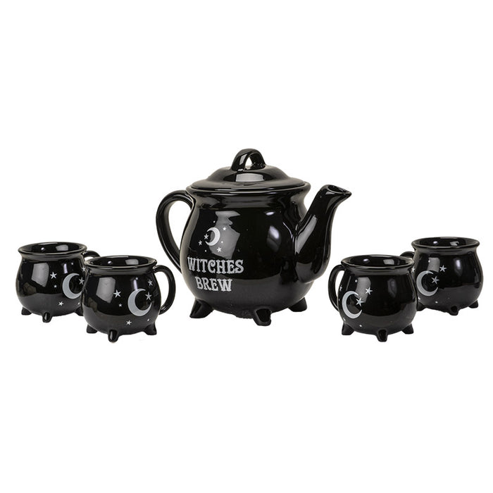 Ebros Gift Wicca Sacred Moon And Stars Witches Brew Black Cauldron Teapot And 4 Cups Set