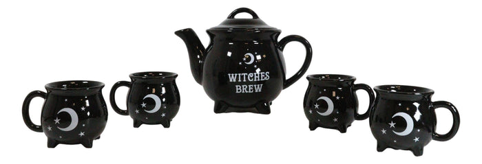 Ebros Gift Wicca Sacred Moon And Stars Witches Brew Black Cauldron Teapot And 4 Cups Set